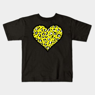 Yellow, Black and White Leopard Print Heart Kids T-Shirt